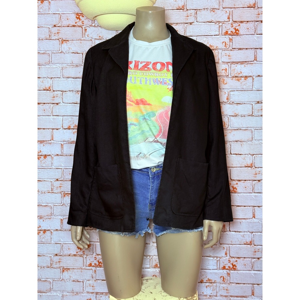 Pursuits Ltd Womens Black 100% Linen Open Front Blazer Lagenlook Jacket Size 14